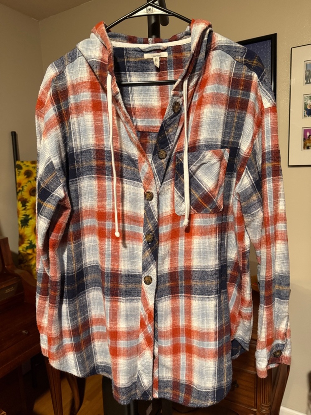 Maurices Red, Blue & White Plaid Hooded Flannel